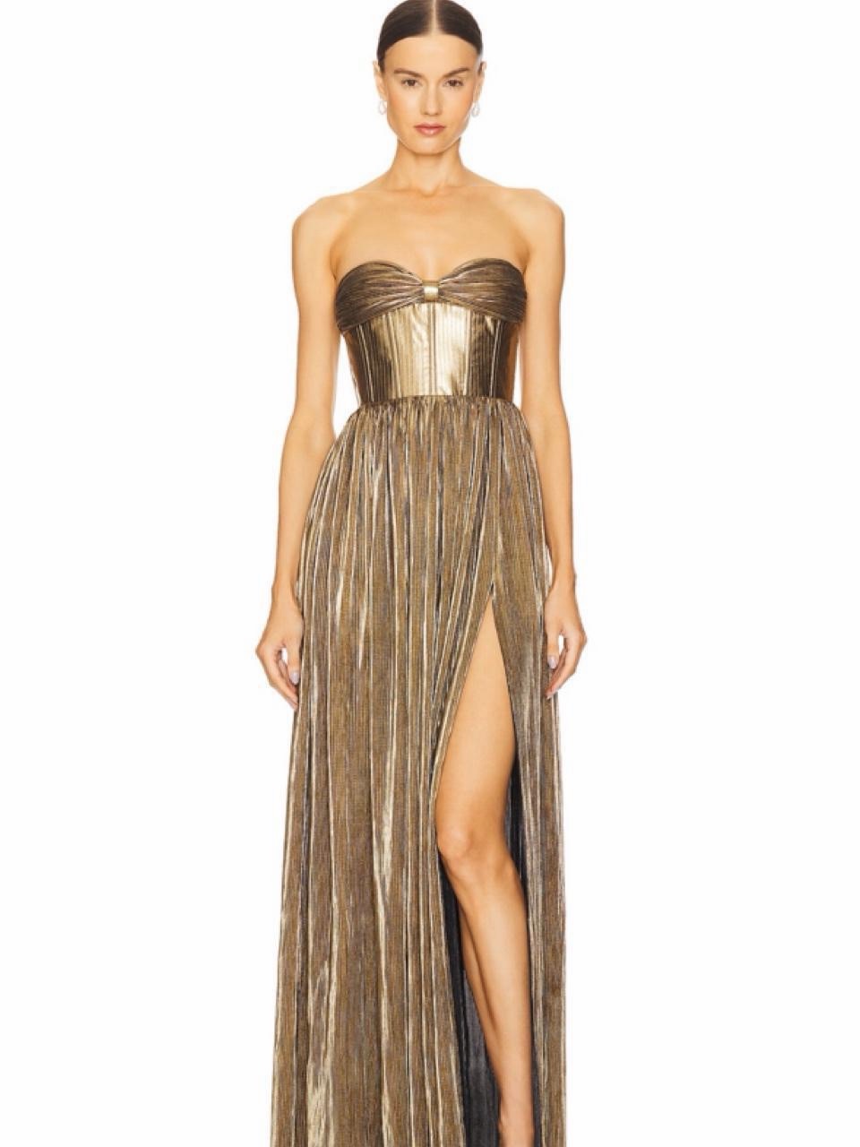 Bronx And Banco Metallic Gold Strapless High-Slit Gown